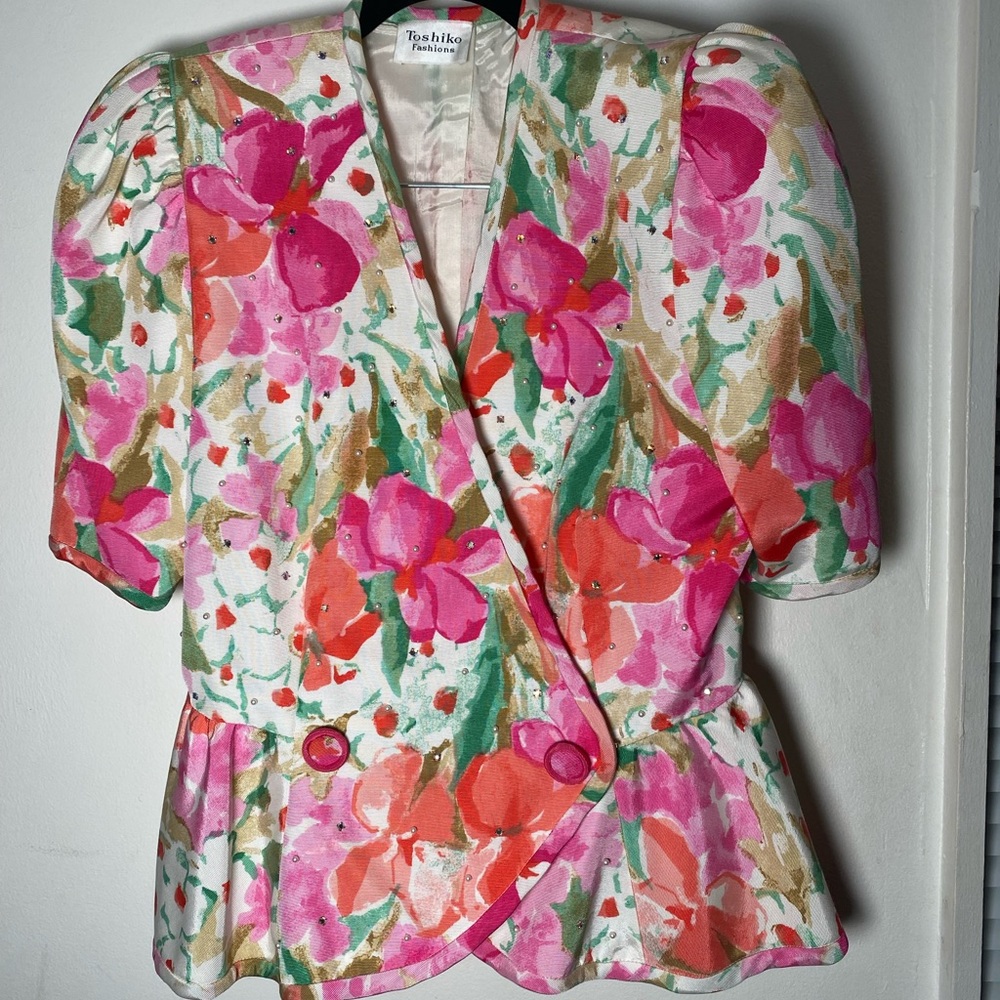 Floral spring fashion Peplum top with sparkly stones and beads attached all over